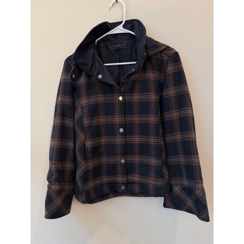 Zara Navy Blue Plaid Hooded Jacket Snap Button Flared Sleeve XS/S